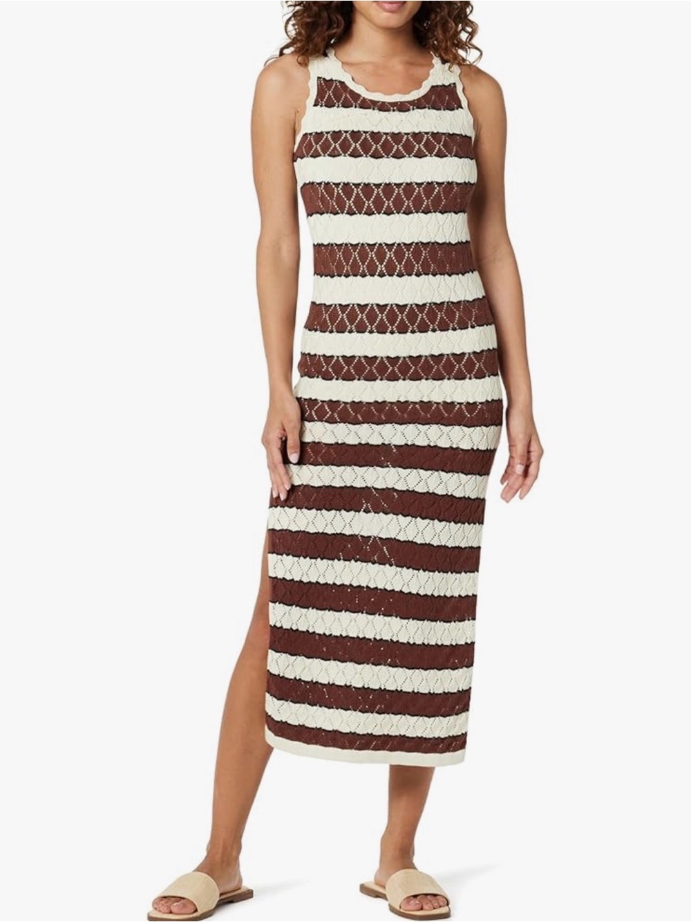Striped Crochet Midi Dress in Brown and Cream NWT
